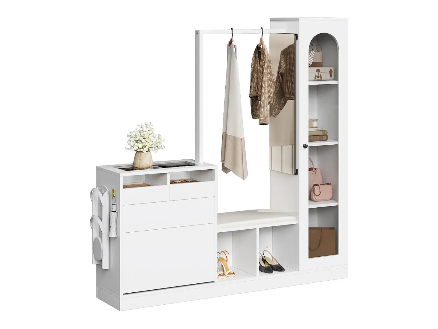 Conjunto vestiário de entrada 163×35×161 cm - com cabideiro e espelho - banco e móvel para sapatos - com iluminação LED - Branco