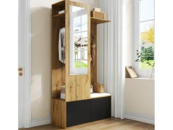 Conjunto vestiário de entrada 100×38×191 cm - com cabideiro e sapateira - ganchos e 1 espelho - natural + preto