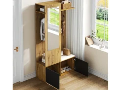 Conjunto vestiário de entrada 100×38×191 cm - com cabideiro e sapateira - ganchos e 1 espelho - natural + preto