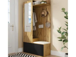Conjunto vestiário de entrada 100×38×191 cm - com cabideiro e sapateira - ganchos e 1 espelho - natural + preto