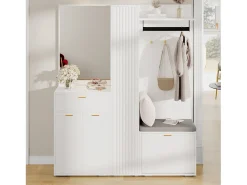 Conjunto vestiário de entrada 150x36x180cm - con 4 portas e 1 gaveta - con espelho e móvel para sapatos - con gancho - Branco