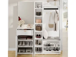 Conjunto vestiário de entrada 150x36x180cm - con 4 portas e 1 gaveta - con espelho e móvel para sapatos - con gancho - Branco