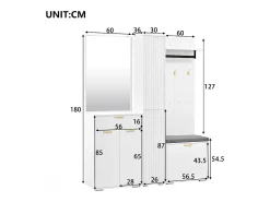 Conjunto vestiário de entrada 150x36x180cm - con 4 portas e 1 gaveta - con espelho e móvel para sapatos - con gancho - Branco