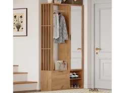 Conjunto vestiário de entrada 100×33×190 cm - com sapateiro - com espelho - 2 portas - painel de partículas - natural