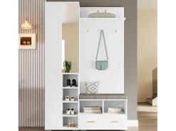 Conjunto vestiário de entrada 120x35x190cm - con 2 gavetas e compartimentos de armazenamento - con espelho e banco de sapatos - Branco