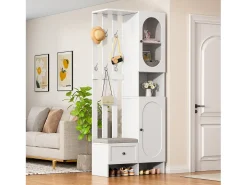 Conjunto vestiário de entrada 85×33,5×200 cm - 2 portas e 1 gaveta - com banco para sapatos e almofada - 6 ganchos - Branco