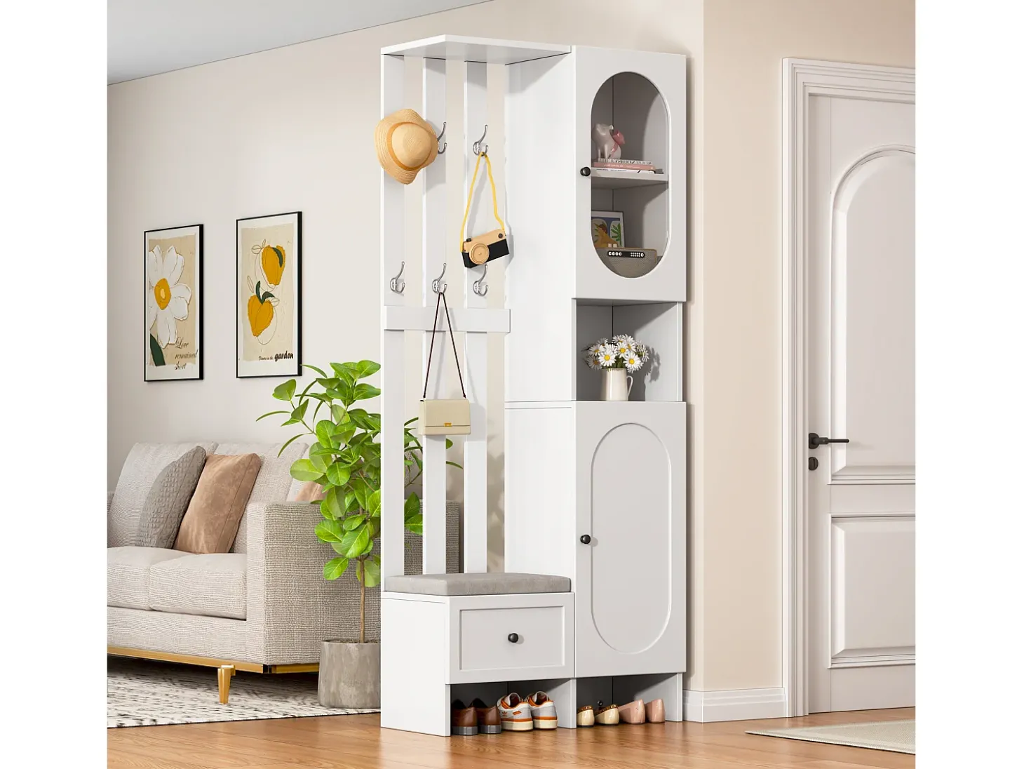Conjunto vestiário de entrada 85×33,5×200 cm - 2 portas e 1 gaveta - com banco para sapatos e almofada - 6 ganchos - Branco