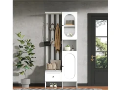 Conjunto vestiário de entrada 85×33,5×200 cm - 2 portas e 1 gaveta - com banco para sapatos e almofada - 6 ganchos - Branco