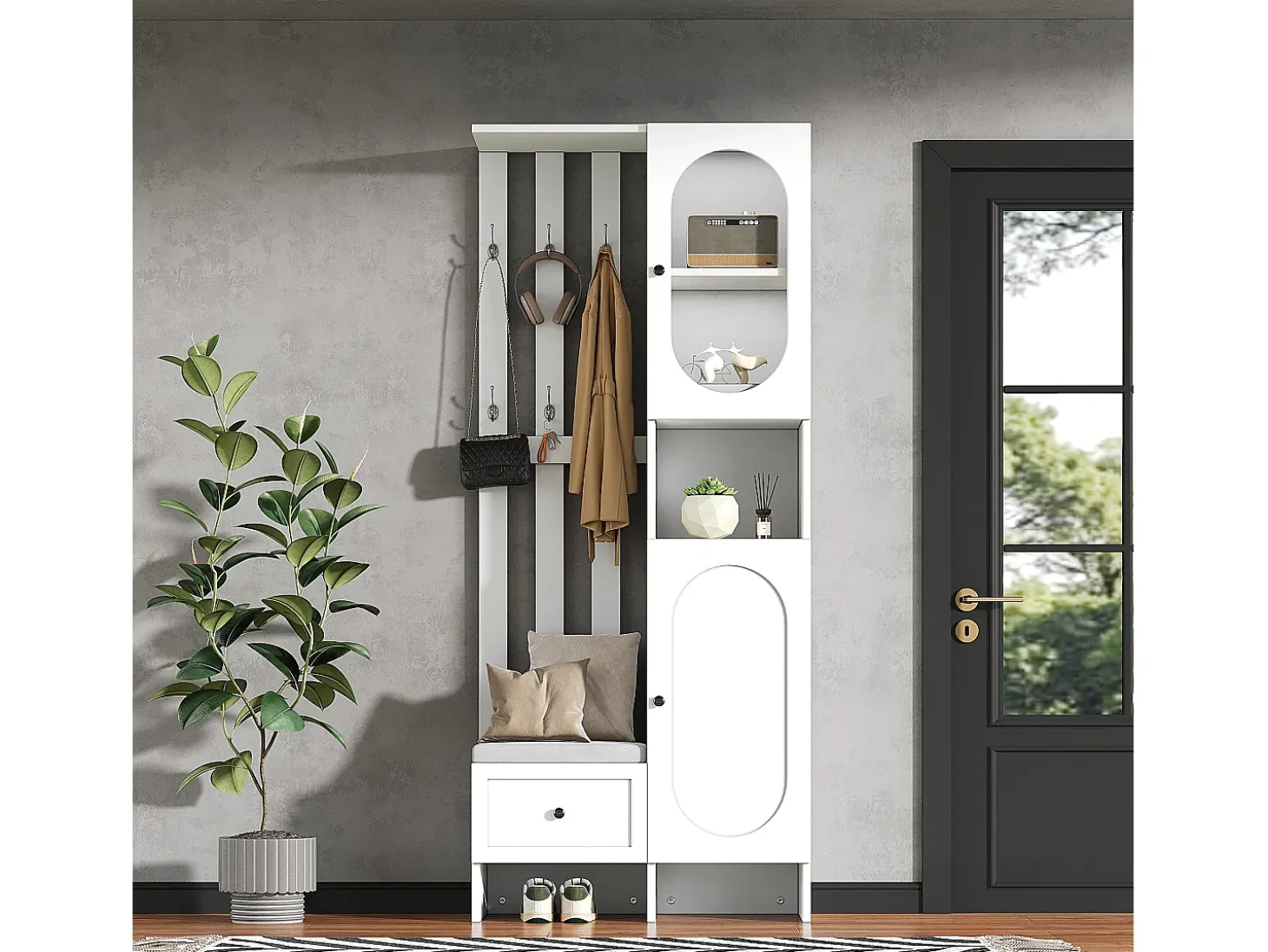 Conjunto vestiário de entrada 85×33,5×200 cm - 2 portas e 1 gaveta - com banco para sapatos e almofada - 6 ganchos - Branco
