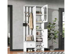 Conjunto vestiário de entrada 85×33,5×200 cm - 2 portas e 1 gaveta - com banco para sapatos e almofada - 6 ganchos - Branco