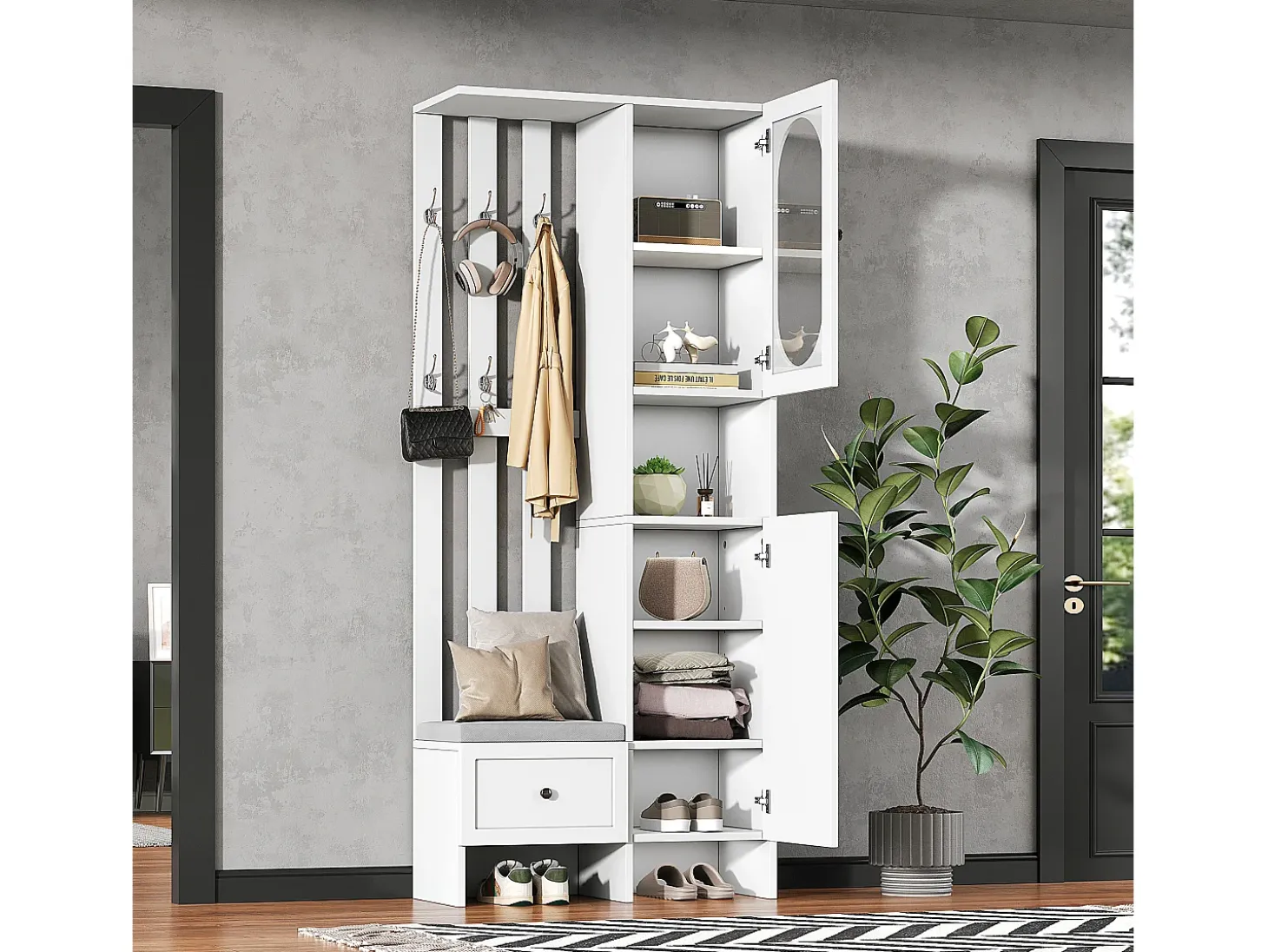 Conjunto vestiário de entrada 85×33,5×200 cm - 2 portas e 1 gaveta - com banco para sapatos e almofada - 6 ganchos - Branco