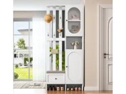 Conjunto vestiário de entrada 85×33,5×200 cm - 2 portas e 1 gaveta - com banco para sapatos e almofada - 6 ganchos - Branco