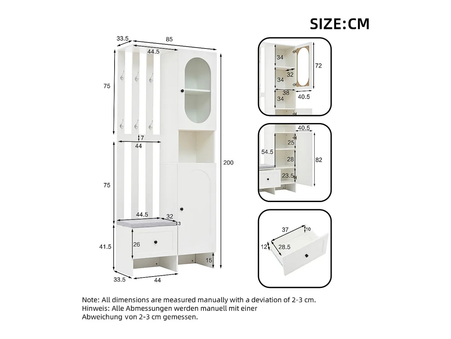 Conjunto vestiário de entrada 85×33,5×200 cm - 2 portas e 1 gaveta - com banco para sapatos e almofada - 6 ganchos - Branco