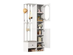 Conjunto vestiário de entrada 85×33,5×200 cm - 2 portas e 1 gaveta - com banco para sapatos e almofada - 6 ganchos - Branco