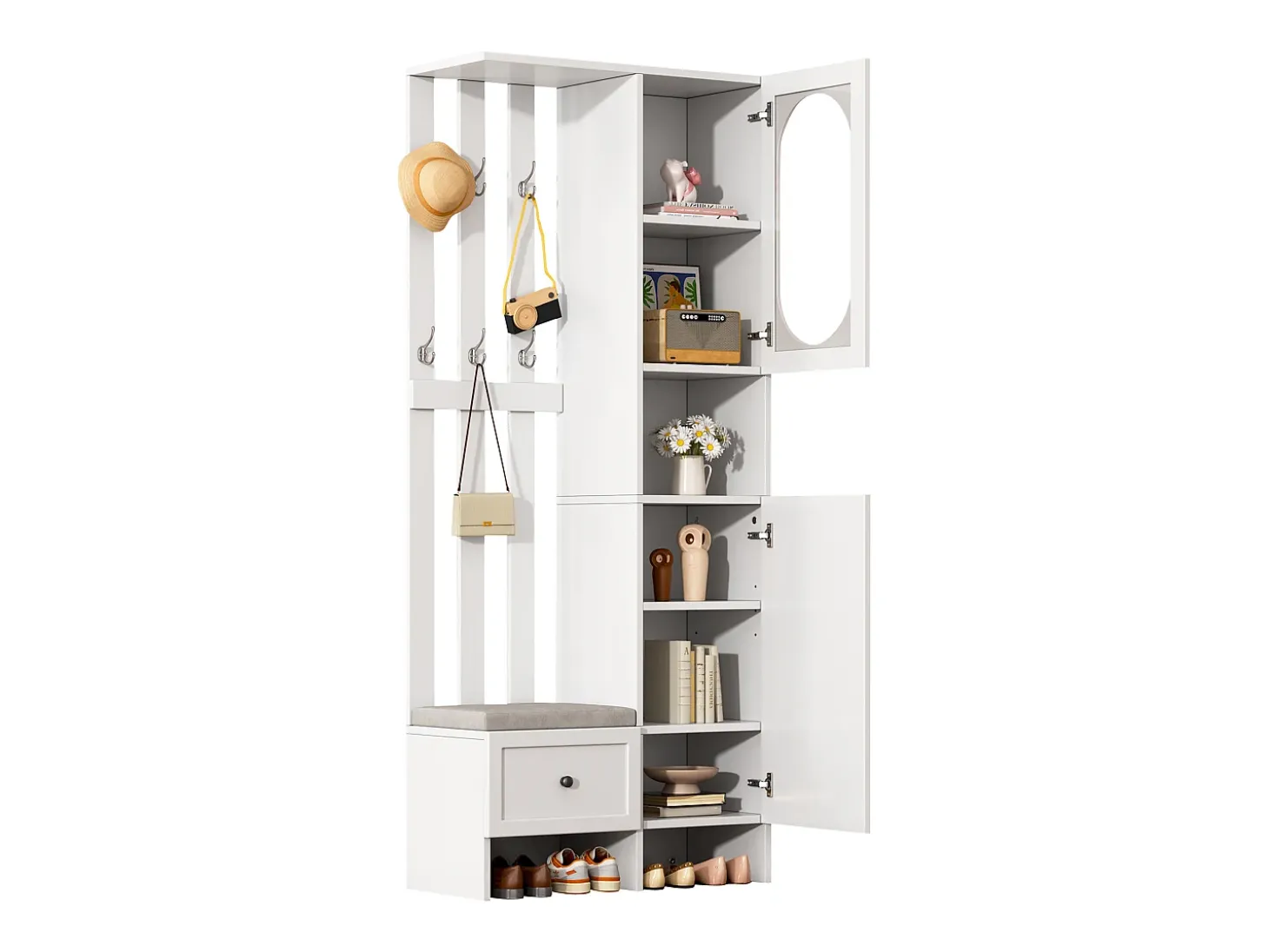 Conjunto vestiário de entrada 85×33,5×200 cm - 2 portas e 1 gaveta - com banco para sapatos e almofada - 6 ganchos - Branco