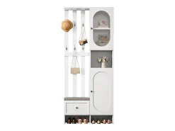 Conjunto vestiário de entrada 85×33,5×200 cm - 2 portas e 1 gaveta - com banco para sapatos e almofada - 6 ganchos - Branco