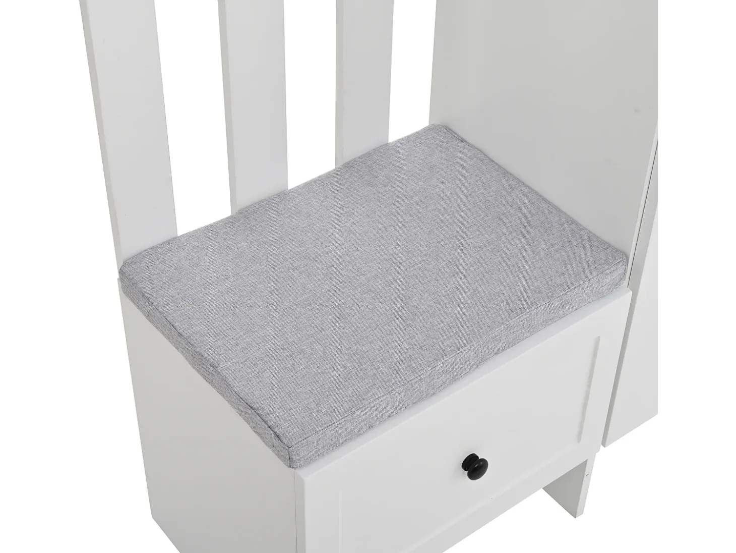 Conjunto vestiário de entrada 85×33,5×200 cm - 2 portas e 1 gaveta - com banco para sapatos e almofada - 6 ganchos - Branco