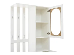 Conjunto vestiário de entrada 85×33,5×200 cm - 2 portas e 1 gaveta - com banco para sapatos e almofada - 6 ganchos - Branco