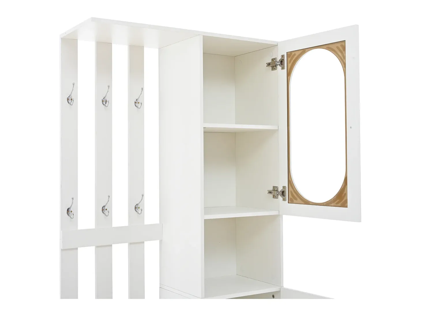Conjunto vestiário de entrada 85×33,5×200 cm - 2 portas e 1 gaveta - com banco para sapatos e almofada - 6 ganchos - Branco