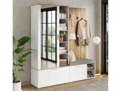 Conjunto vestiário de entrada 160x38x180cm - con 3 portas e compartimentos de armazenamento - con espelho e móvel para sapatos - con gancho - Natural + Branco