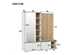 Conjunto vestiário de entrada 160x38x180cm - con 3 portas e compartimentos de armazenamento - con espelho e móvel para sapatos - con gancho - Natural + Branco