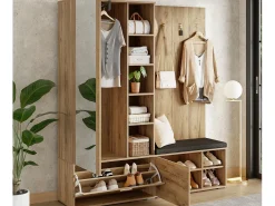 Conjunto vestiário de entrada 160x38x180cm - con 3 portas e compartimentos de armazenamento - con espelho e móvel para sapatos - con gancho - Natural