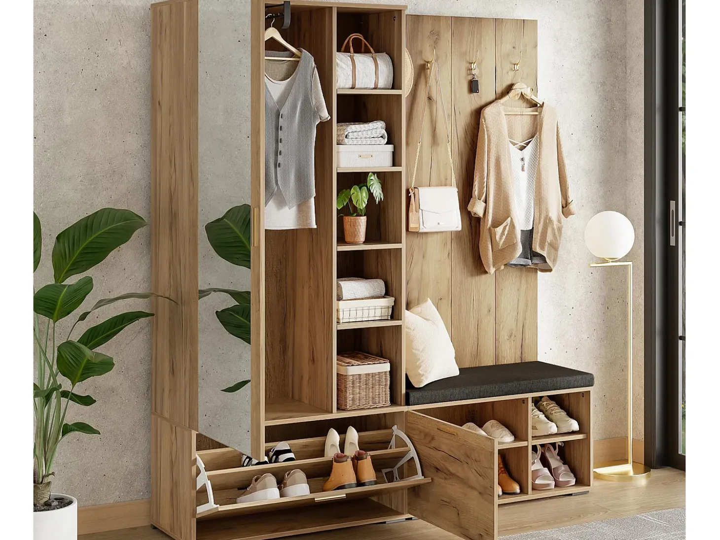 Conjunto vestiário de entrada 160x38x180cm - con 3 portas e compartimentos de armazenamento - con espelho e móvel para sapatos - con gancho - Natural
