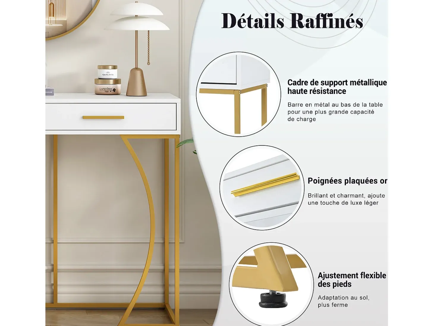 Consola com 2 gavetas - Pés em metal dourado - Branco - BLITZ