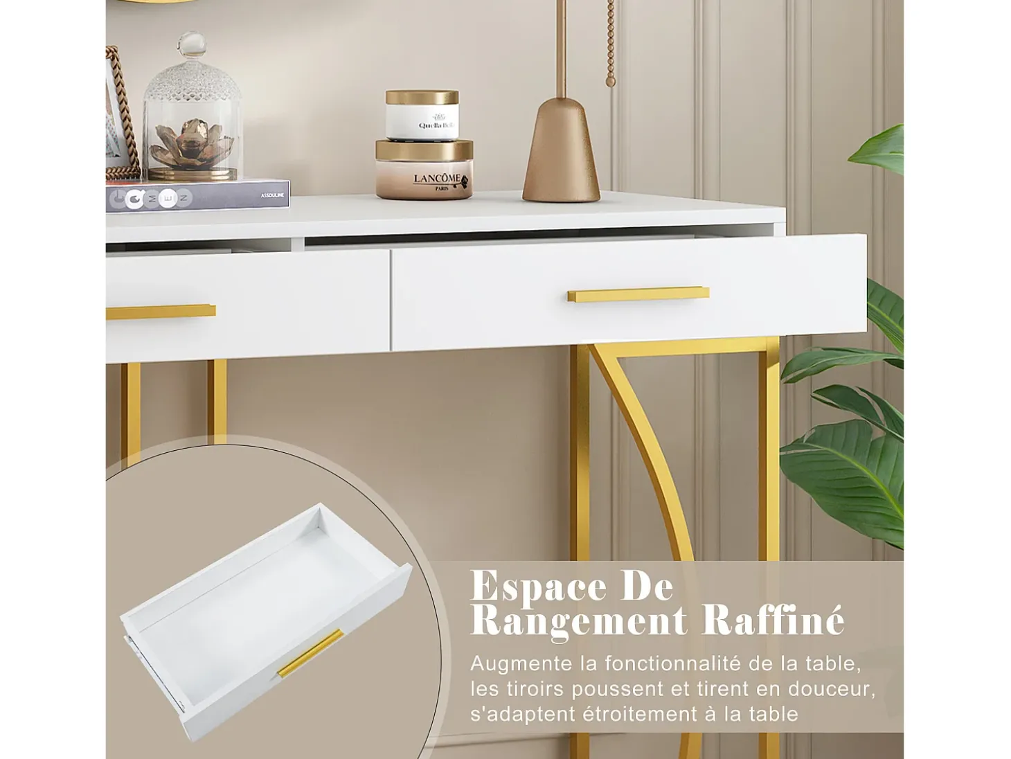 Consola com 2 gavetas - Pés em metal dourado - Branco - BLITZ