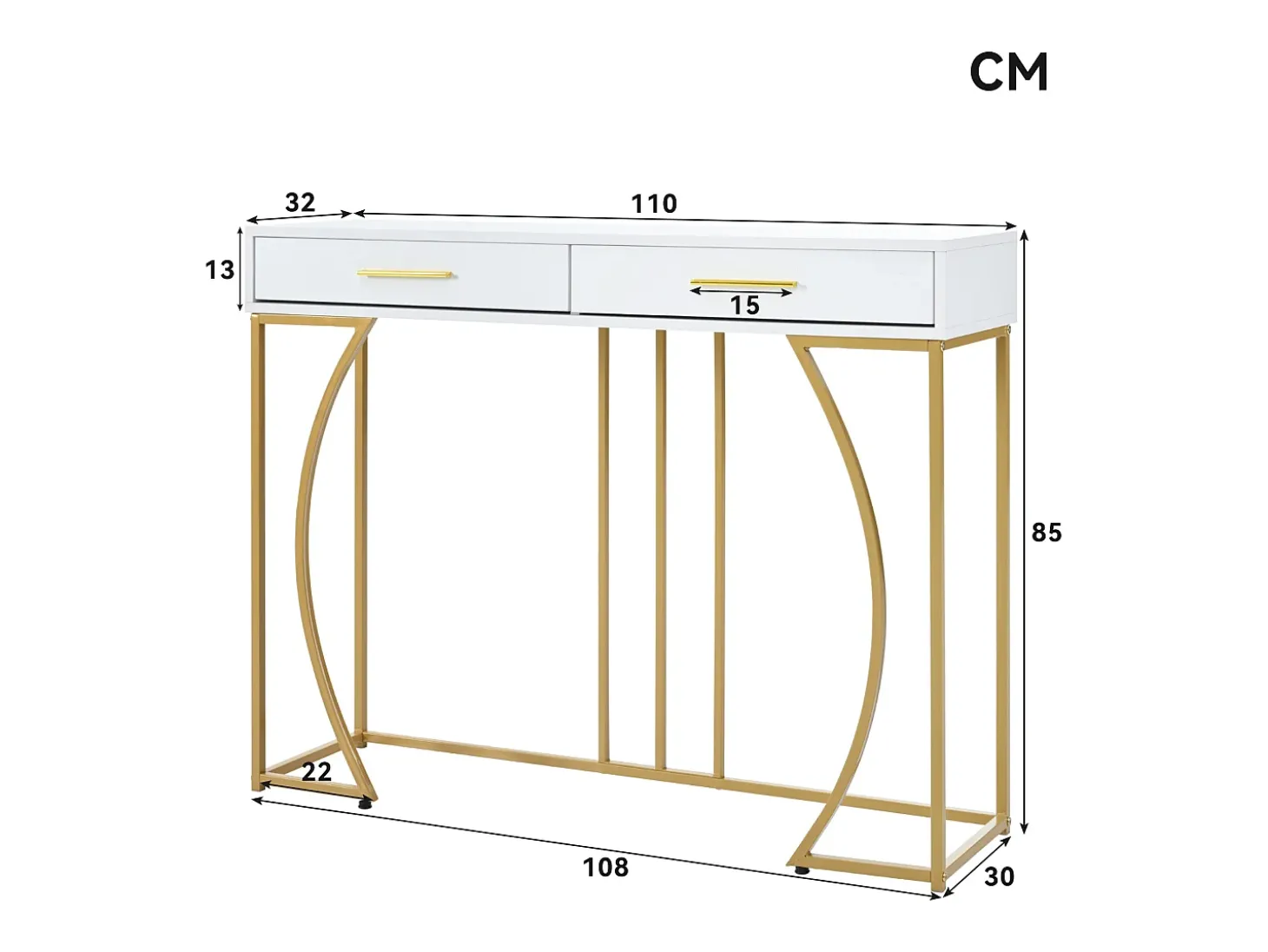 Consola com 2 gavetas - Pés em metal dourado - Branco - BLITZ
