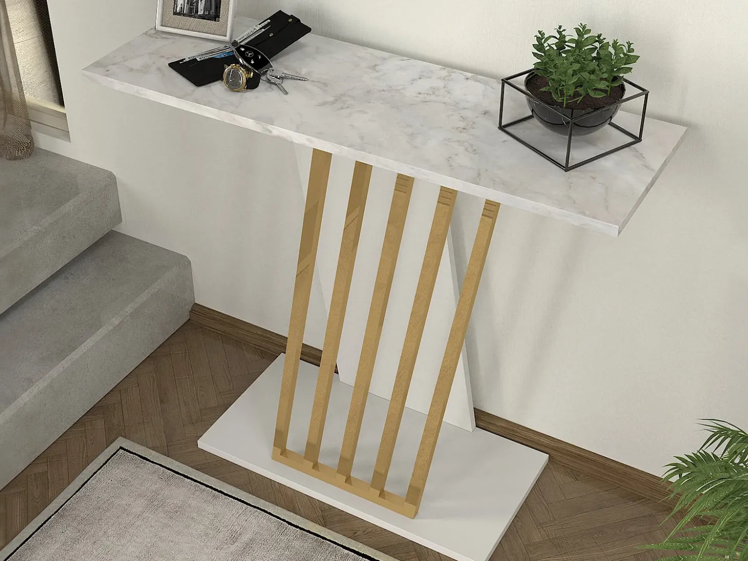 Consola cor efeito mármore branco e dourado - ORSONA