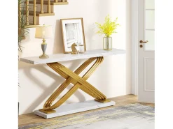 Console de entrada, 140 x 33 x 80 cm Console moderna, Mesa de entrada com pés metálicos geométricos, Branco e Dourado