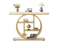 Console de Estilo Industrial de 105 cm, com 4 Níveis e Base Circular, estreita em Madeira com Prateleiras de Armazenamento (Branco/Dourado)
