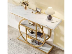 Console de Estilo Industrial de 105 cm, com 4 Níveis e Base Circular, estreita em Madeira com Prateleiras de Armazenamento (Branco/Dourado)