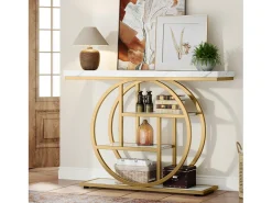 Console de Estilo Industrial de 105 cm, com 4 Níveis e Base Circular, estreita em Madeira com Prateleiras de Armazenamento (Branco/Dourado)