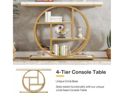 Console de Estilo Industrial de 105 cm, com 4 Níveis e Base Circular, estreita em Madeira com Prateleiras de Armazenamento (Branco/Dourado)