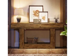 Console de mesa com 160 cm de comprimento, mesa de entrada com 2 andares, mesa baixa com espaço de armazenamento