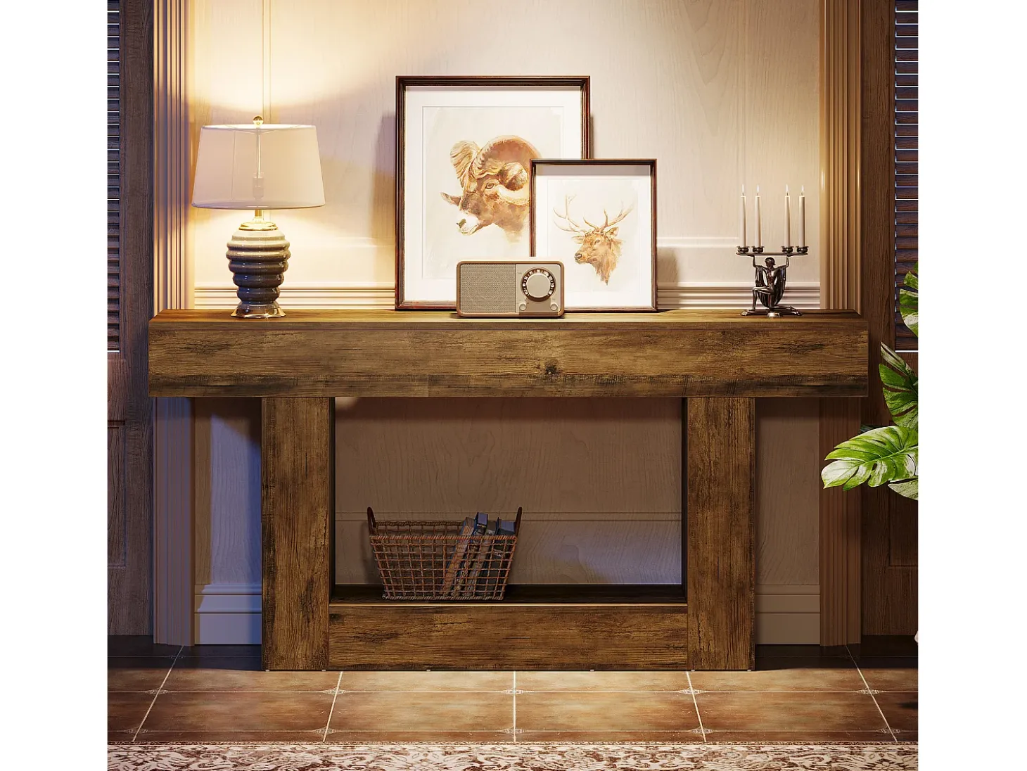Console de mesa com 160 cm de comprimento, mesa de entrada com 2 andares, mesa baixa com espaço de armazenamento