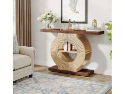 Console de mesa de 100 cm com armazenamento - Mesa de entrada em madeira para sala, com prateleiras e base circular