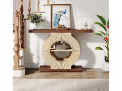 Console de mesa de 100 cm com armazenamento - Mesa de entrada em madeira para sala, com prateleiras e base circular