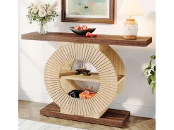 Console de mesa de 100 cm com armazenamento - Mesa de entrada em madeira para sala, com prateleiras e base circular