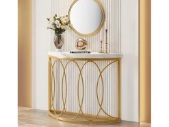 Console de mesa dourada, mesa de cabeceira, mesa de sofá, mesa de corredor com mesa em imitação de mármore, moldura de metal e design em meia lua