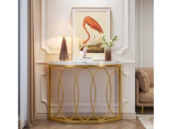 Console de mesa dourada, mesa de cabeceira, mesa de sofá, mesa de corredor com mesa em imitação de mármore, moldura de metal e design em meia lua