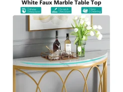 Console de mesa dourada, mesa de cabeceira, mesa de sofá, mesa de corredor com mesa em imitação de mármore, moldura de metal e design em meia lua