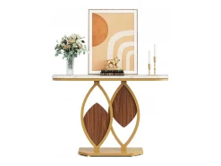 Console de mesa estreita, Móvel de entrada em falso mármore, Mesa de entrada escandinava com pés em metal dourado em forma de 2 pétalas