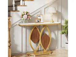 Console de mesa estreita, Móvel de entrada em falso mármore, Mesa de entrada escandinava com pés em metal dourado em forma de 2 pétalas