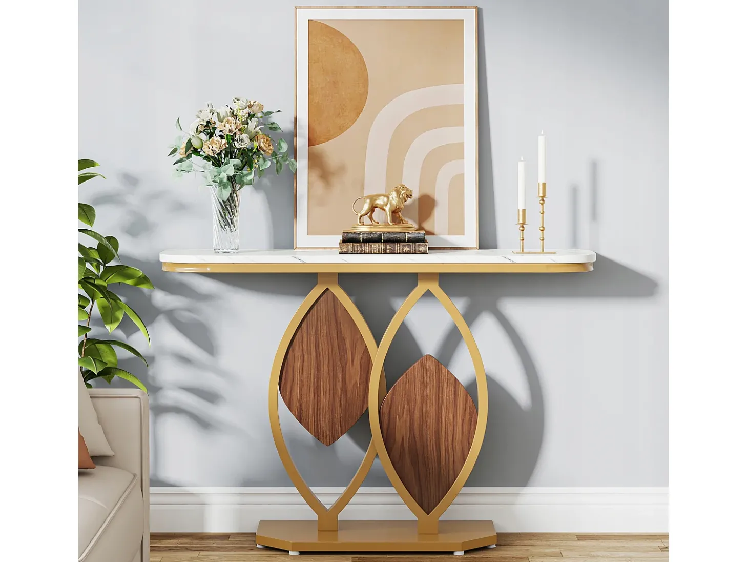 Console de mesa estreita, Móvel de entrada em falso mármore, Mesa de entrada escandinava com pés em metal dourado em forma de 2 pétalas