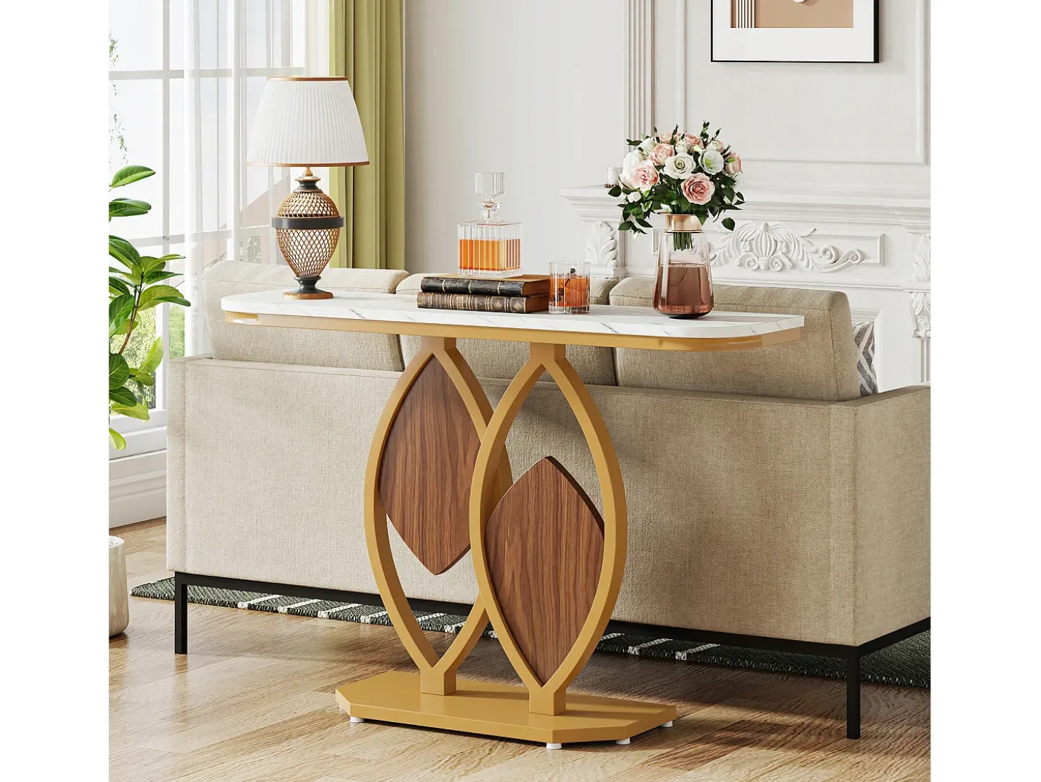 Console de mesa estreita, Móvel de entrada em falso mármore, Mesa de entrada escandinava com pés em metal dourado em forma de 2 pétalas