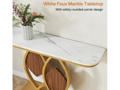 Console de mesa estreita, Móvel de entrada em falso mármore, Mesa de entrada escandinava com pés em metal dourado em forma de 2 pétalas