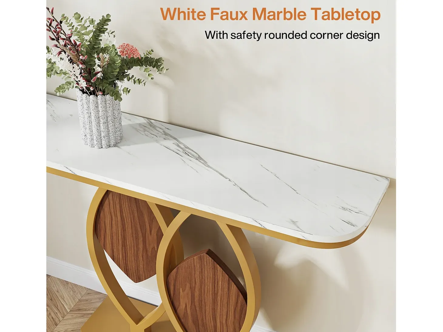 Console de mesa estreita, Móvel de entrada em falso mármore, Mesa de entrada escandinava com pés em metal dourado em forma de 2 pétalas